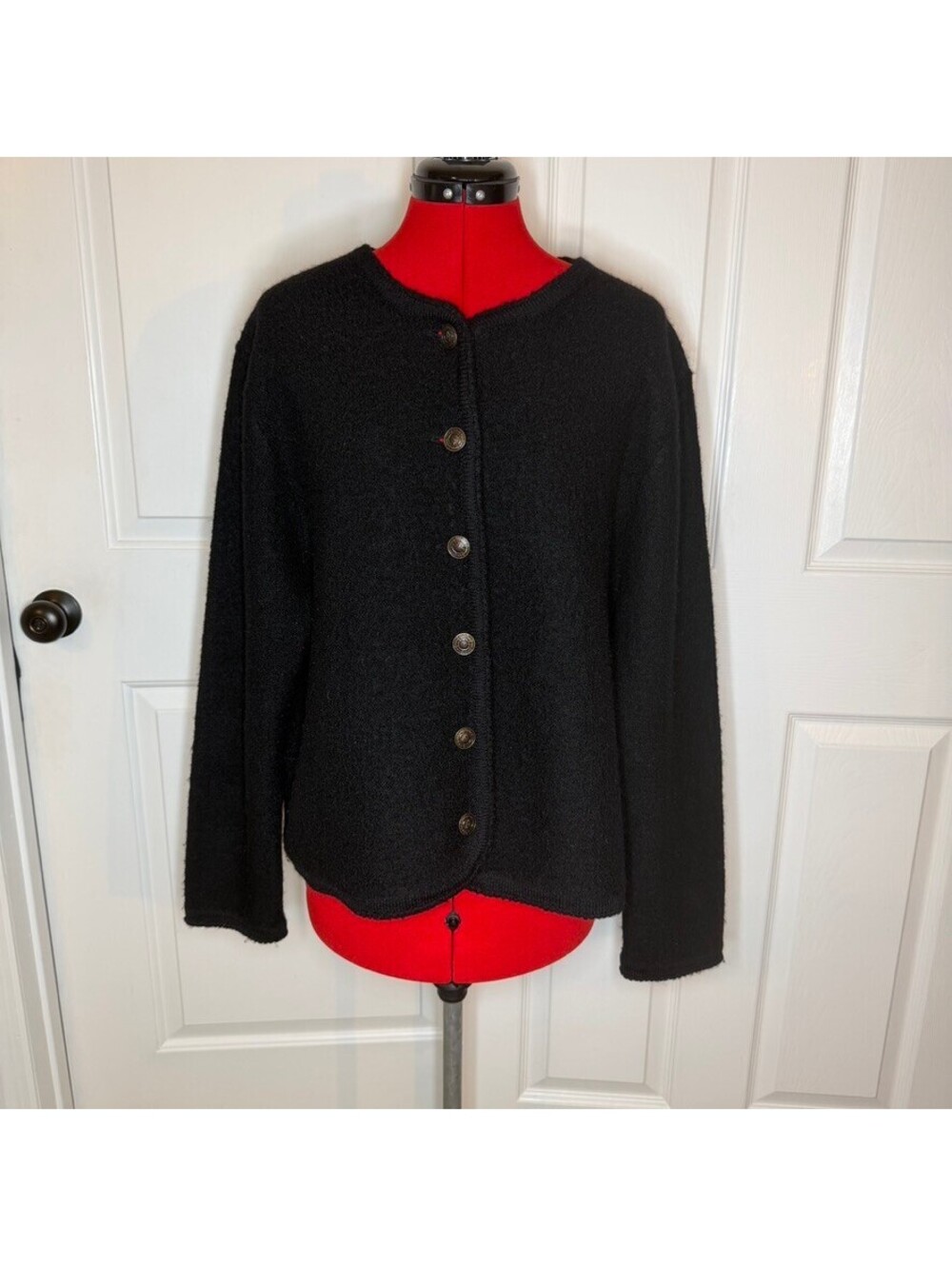Vintage Tally Ho 100% Wool Black Long Sleeve Cardigan Sweater Womens XL